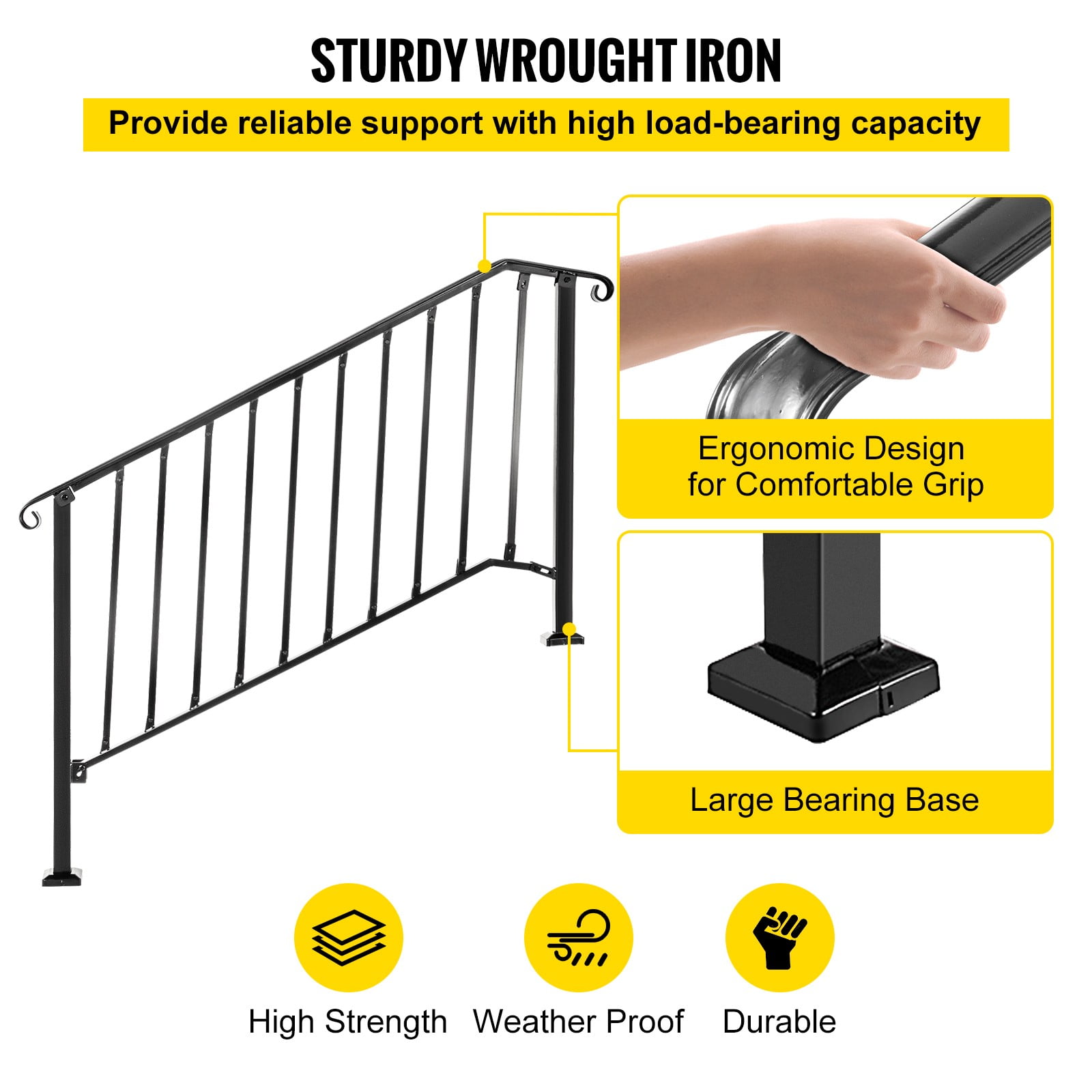 BENTISM Iron Handrail Picket 4 or 5 Steps Stair Railing Hand Rail for Outdoor