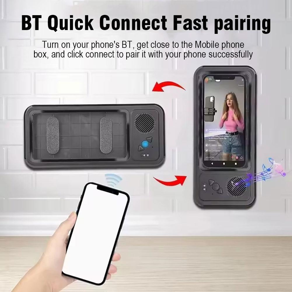 Waterproof Phone Case with Built-in Speaker, Anti-Fog Shower Phone Holder Stand with Wireless Bluetooth Speaker for Bathroom Bathtub Kitchen Wall Mirror