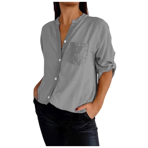 Top informal de mujer con cuello en V y lentejuelas y manga media - Blusa brillante de manga corta - Poliéster, corte holgado - S-XXXXXL