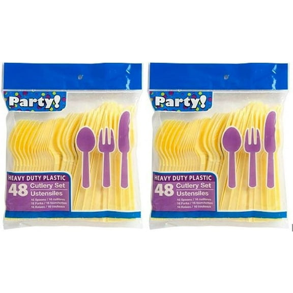 Heavy Duty Plastic Cutlery Set in Yellow - 32 Spoons, 32 Forks, 32 Knives