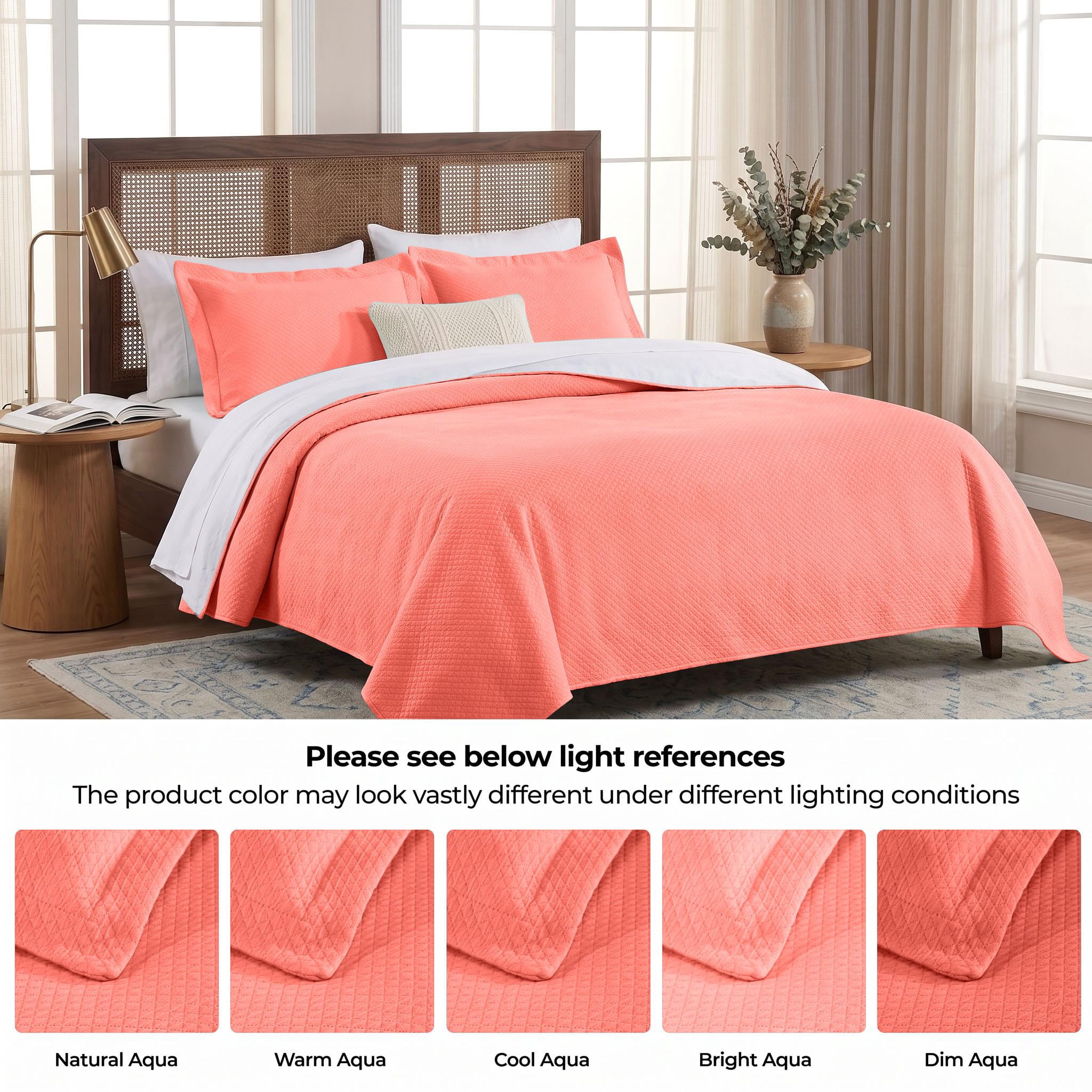 Superior Solitaire Cotton Decorative Bedspread and 2 Pieces Sham Set, Queen, Coral
