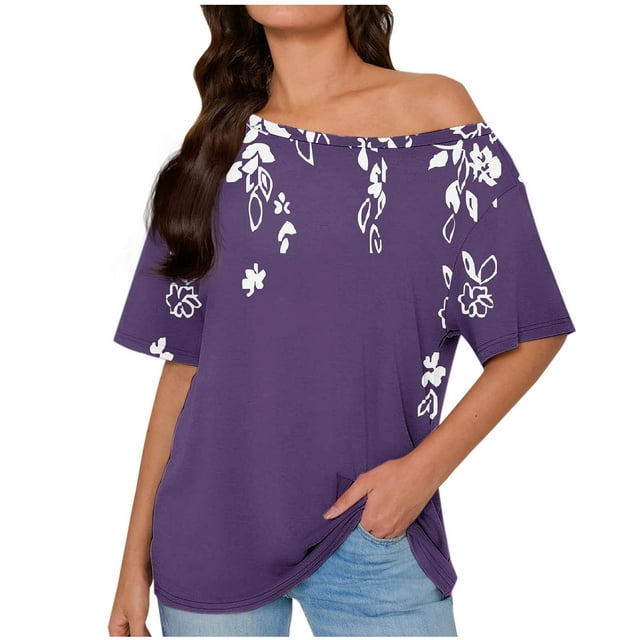 Tops de Manga Corta para las Mujeres Cuello Inclinado de Ajuste Suelto Casual Blusa Deportiva para el Hogar, Top de Poliéster Relajado para Primavera Verano Diario Y Entretenimiento