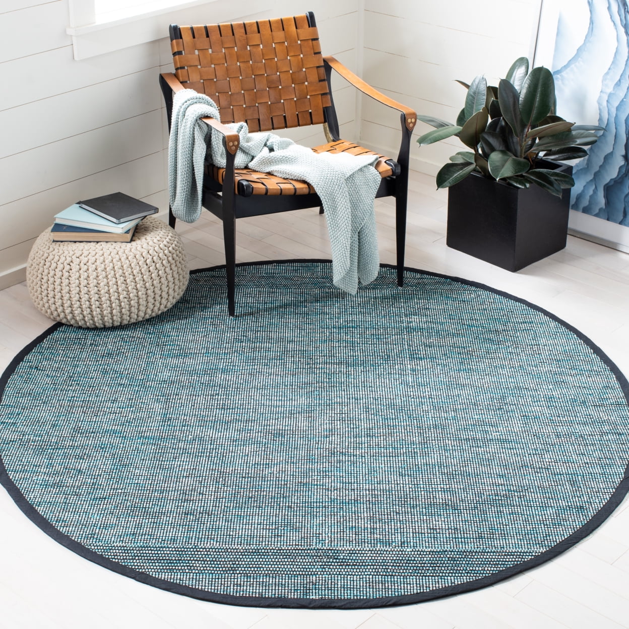 SAFAVIEH Montauk Kelsey Distressed Cotton Area Rug, Turquoise/Black, 4' x 6'