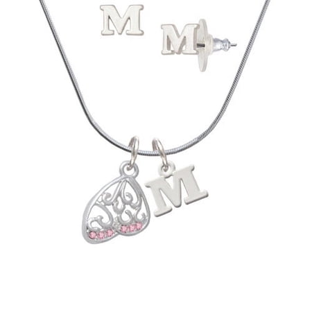 Open Pink Crystal Butterfly Wing – M Initial Charm Necklace and Stud Earrings Jewelry Set