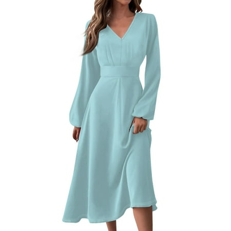 Qwertyu Midi Dresses for Women Long Sleeve V Neck Wrap Dress Fall Casual Solid Color A Line Dresses Light Blue 2XL