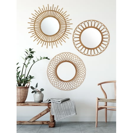 Mirrorize Canada Dia 28 Inches Ahau Hand Made Rattan Frame Round Wall Mirror Beige Decorative Sunburst Accent Boho Mirrors Decor For Bathroom Entryway Bedroom Boho Decor For Bathroom Entryway, Round Wall Decor Canada