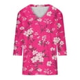 thumbnail image 4 of YUGYXL Women's Fashion Flower Graphic Tees 3/4 Length Sleeve Tshirts Casual V Neck Soft Lightweight Shirts Ladies Tunics Comfy Blouse Holiday Top, 4 of 5
