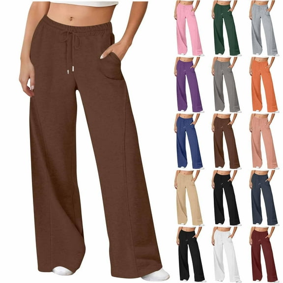 Gmluru Women's Lounge Pants Solid Color Casual Straight Leg Wide Leg Drawstring Pocket Sweatpants Workout Comfy Jogger Coffee S-2XL