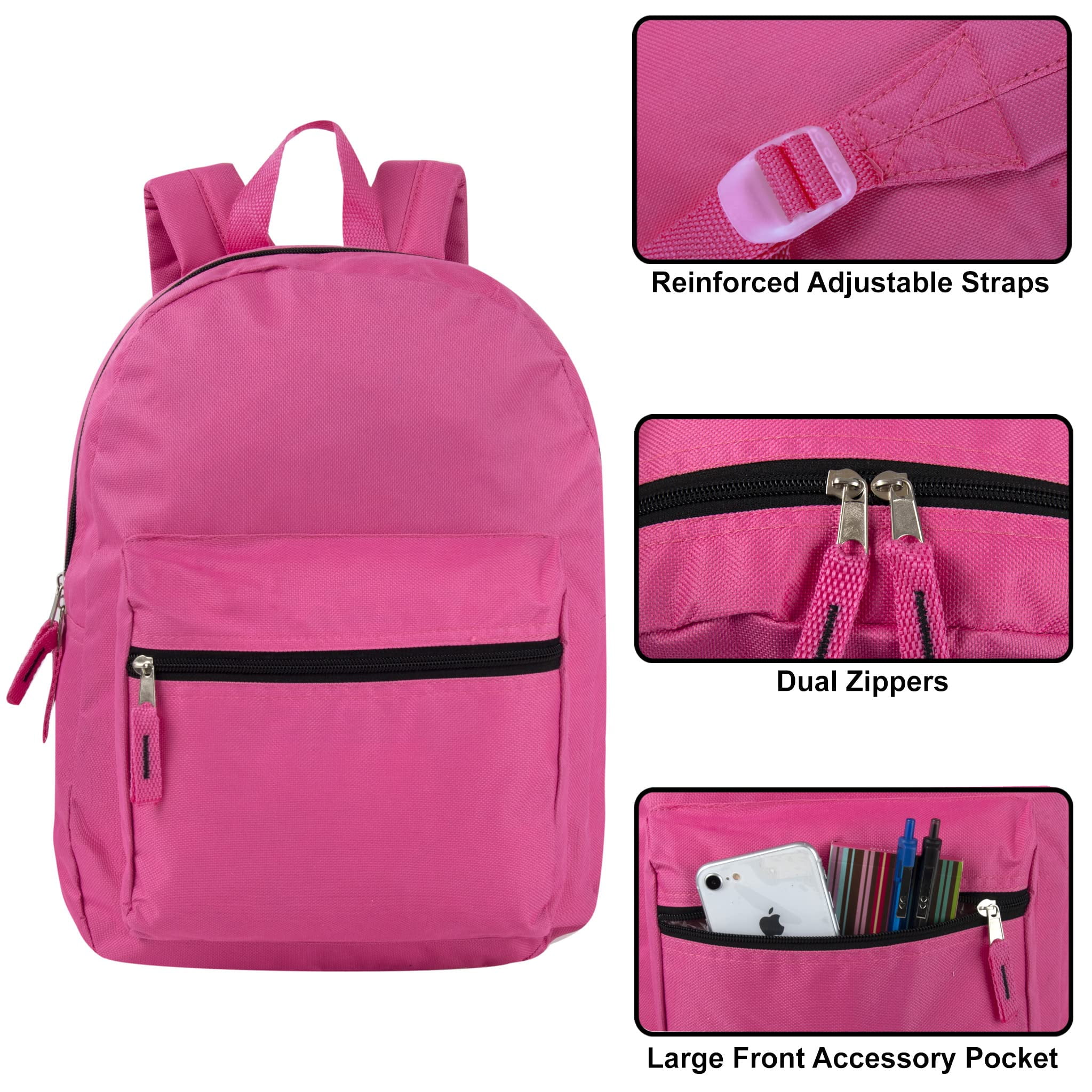24 Pack of Bulk Wholesale Solid Color Backpacks for Work, Travel, Commuting, Gym and Recreation in 4 Color Assortment