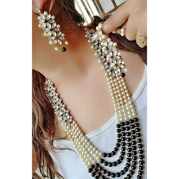 Elegant White & Black Pearl Beaded Layered Necklace Set with Kundan Earrings – Ethnic Bridal Jewelry
