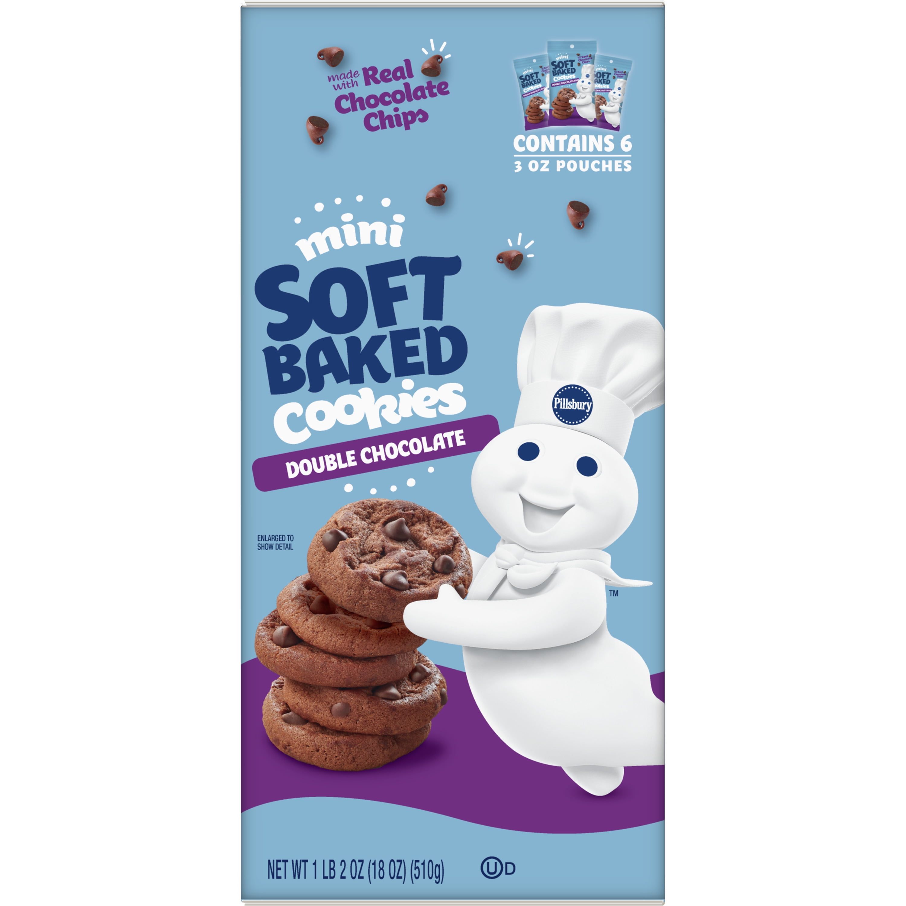 Pillsbury Mini Soft Baked Cookies, Double Chocolate, Snack Bags, 6 ct