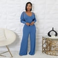 thumbnail image 3 of Womens V Neck Wide Leg Jumpsuits with Pockets Ribbed Long Sleeve Coat Pants 2 Piece Sets Outfits, 3 of 4