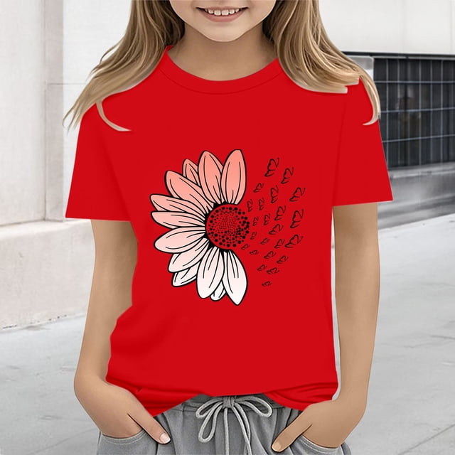 XIMIN T-Shirts Filles Graphiques Tournesol Manches Courtes Col Rond Coton Coupe Ample Décontractée Été