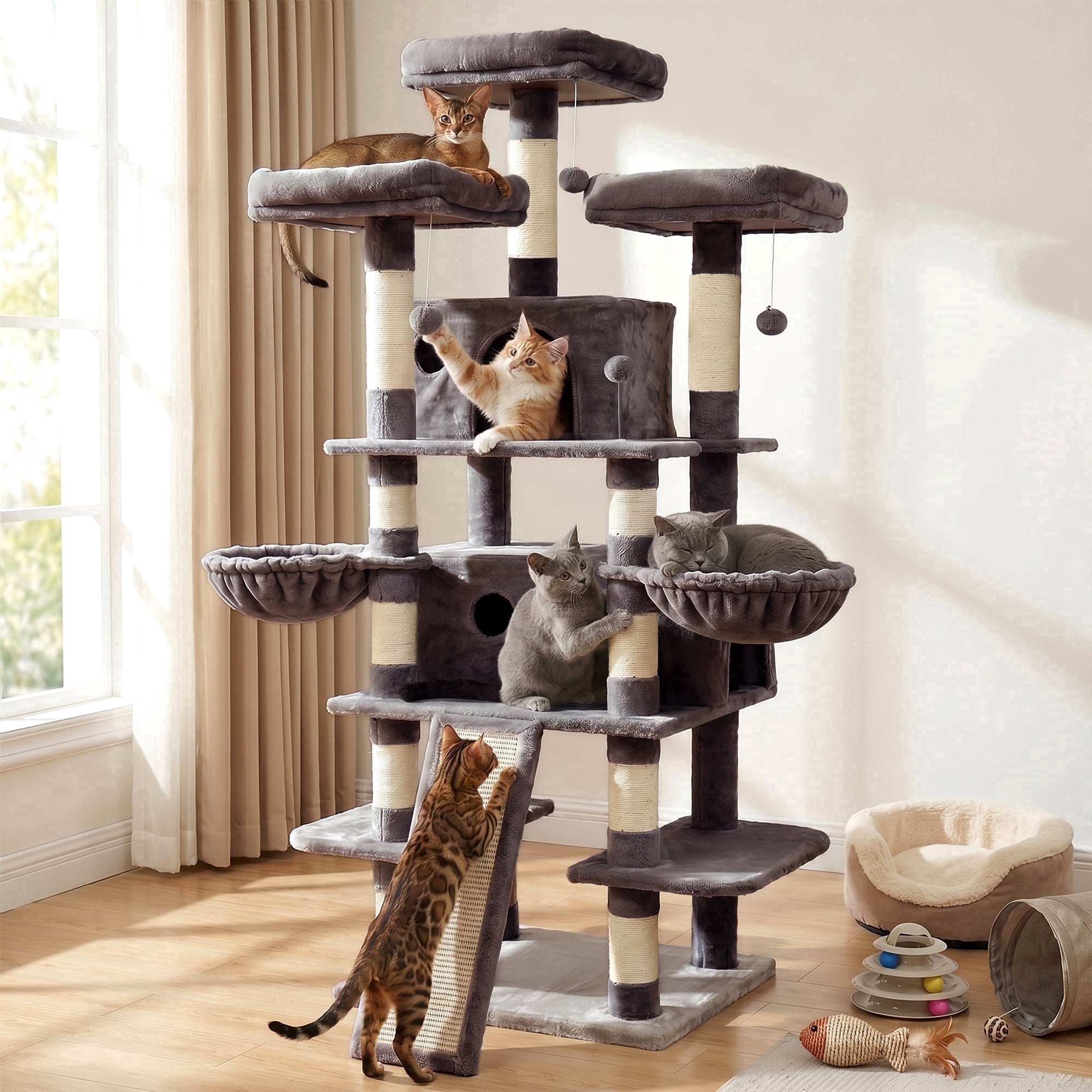 FOOWIN 70.8" Large Cat Tree for Indoor Cats, Multi-Level Tower with Sisal Scratching Posts, Condo House and Activity Center, Dark Grey