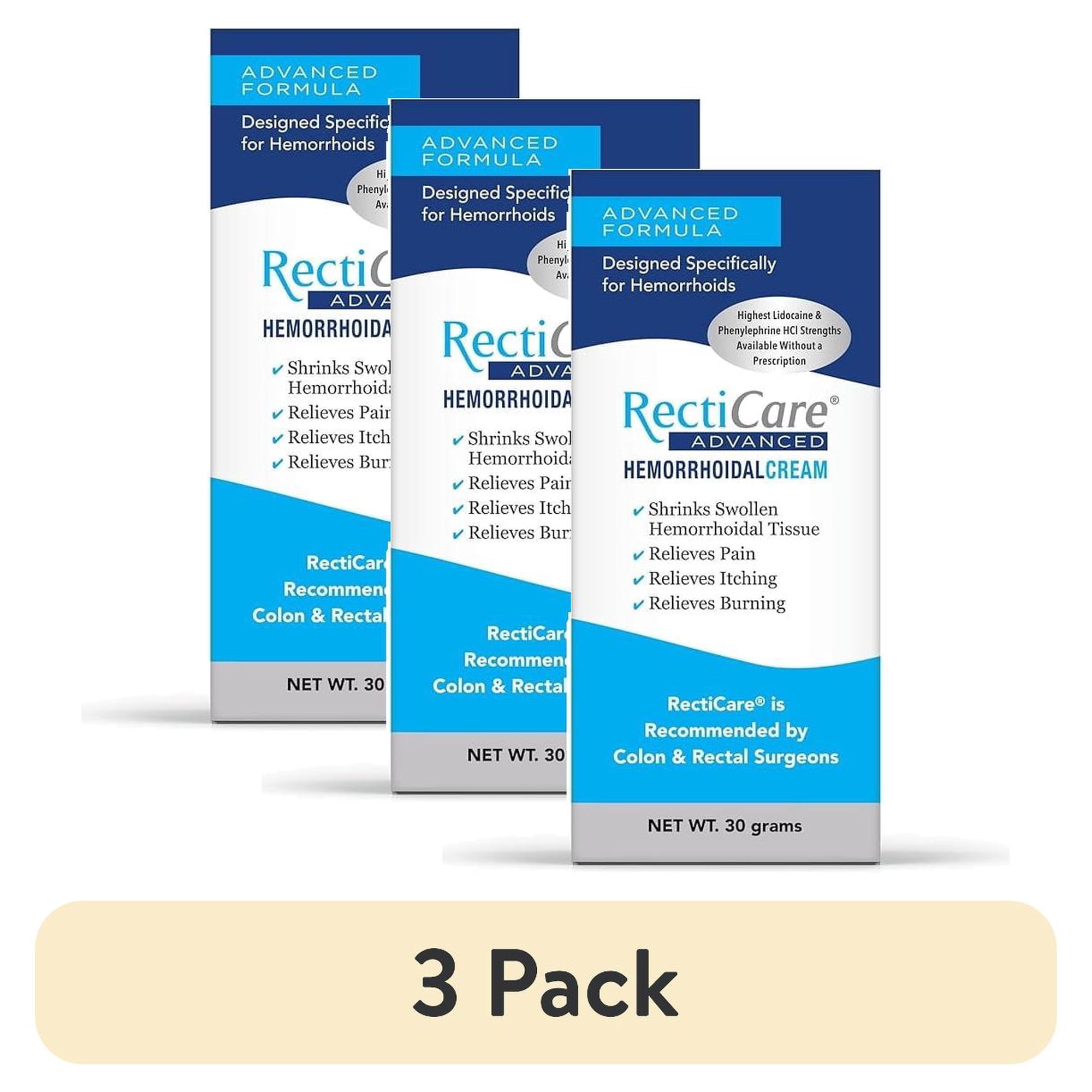 (3 pack) Recticare Advanced Hemorrhoidal Cream, 30 Grams