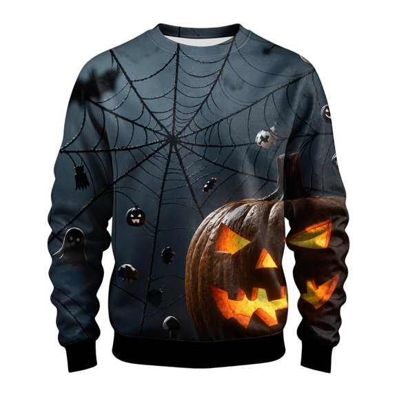SONXAHE Mens Halloween Fall Sweatshirt Crew Neck Spider Web Jack O Lantern Ghost Bat Print Sweater