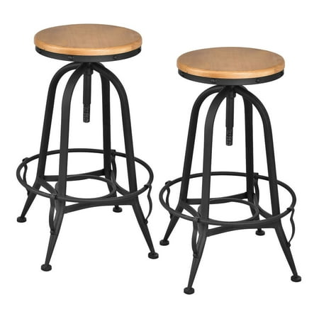 Costway Set of 2 Vintage Bar Stools Industrial Metal Design Wood Top Adjustable Swivel