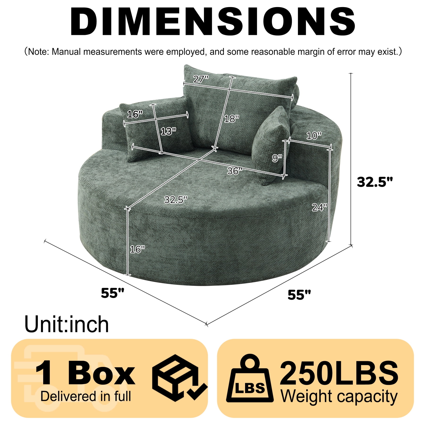 Leumius 55'' Oversized Round Chaise Longue Chair,Upholstered Chenille Single Cloud Circle Sofa Chair with Deep Seat,Fluffy Modern Sleeper Sofa Bed for Reading,Living Room,Bedroom,