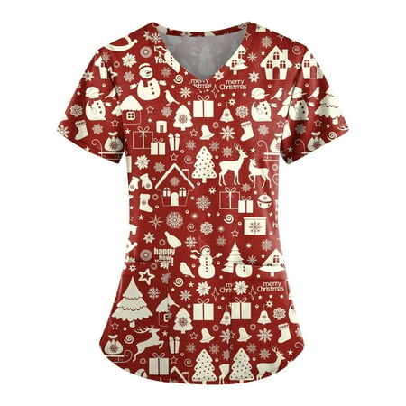 

TAIAOJING Scrubs for Women Casual Shirt For Merry Christmas Printed Short Sleeve V Neck Cartoon Working Tshirts Blouse Tops With Pockets
