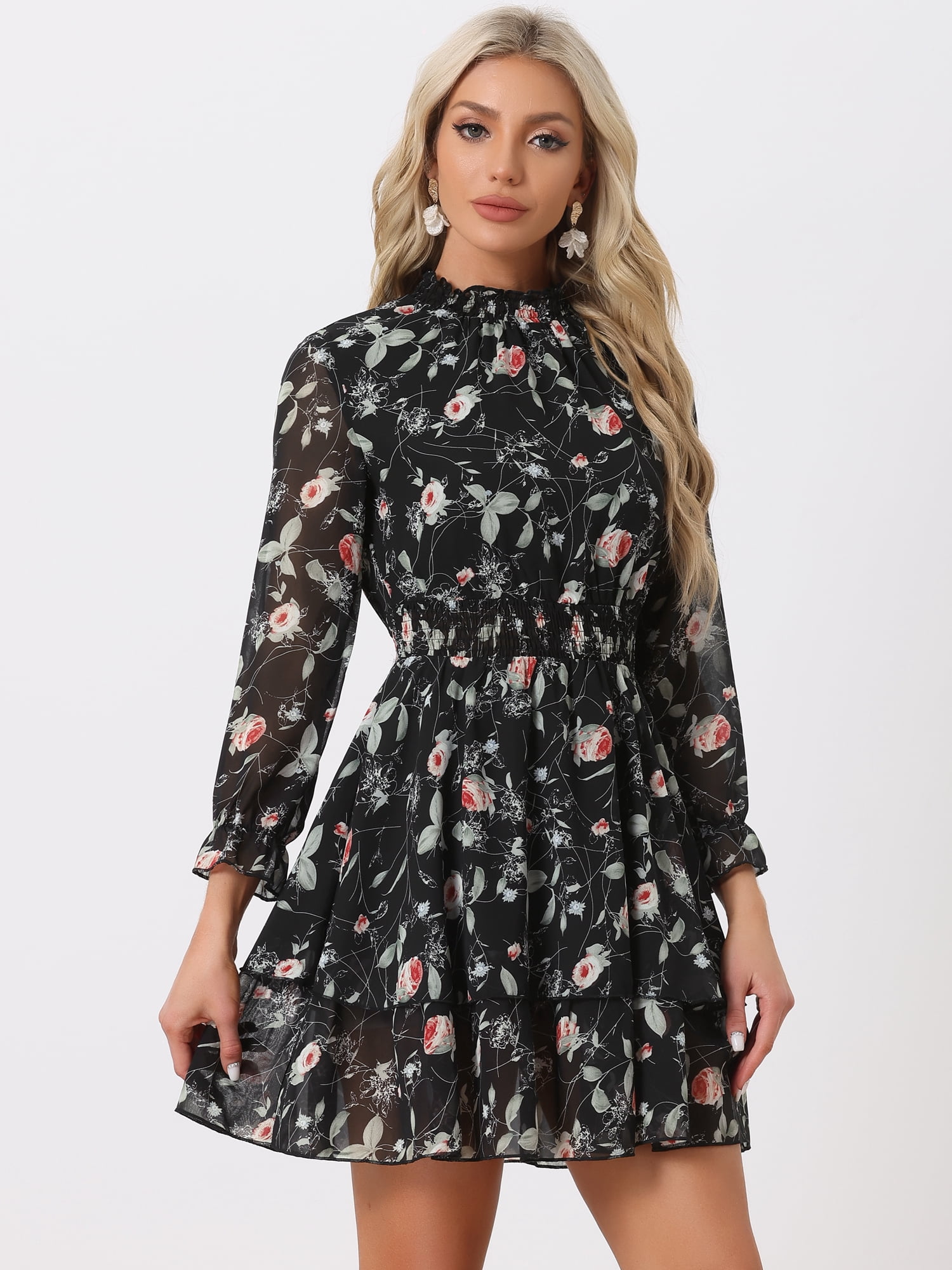 DARING DIVA Floral Ruffle Trim Layered Dresses M Black