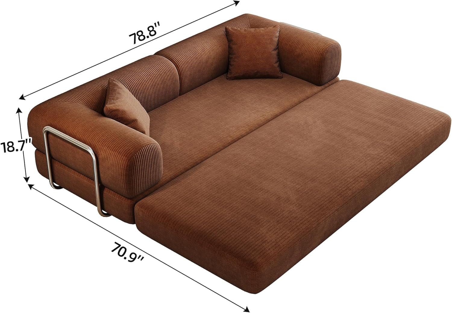 Howcool 79" Convertible Sofa Bed, Corduroy Folding Pull Out Couch with Pillows, Boneless Compression Sofa in a Box, Floor Sofa with Support Rods for Living Room,Brown