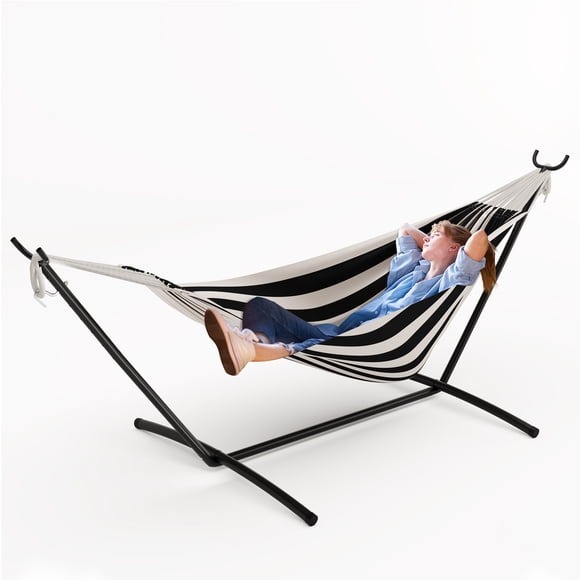 Double Hammock with Heavy Duty Collapsible Steel Stand - 2 Person Portable Cotton Bed - 450 lbs Capacity - Space-Saving for Patio, Garden, Camping, Beach - Includes Carry Bag - Color: Black