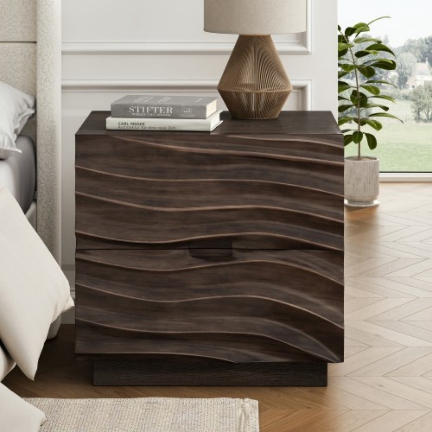 Solid Wood Nightstand with 2 Drawers, Modern Bedside Table with Handle-Free Curved Drawer Design, Wooden End Table for Bedroom, Living Room, Brown