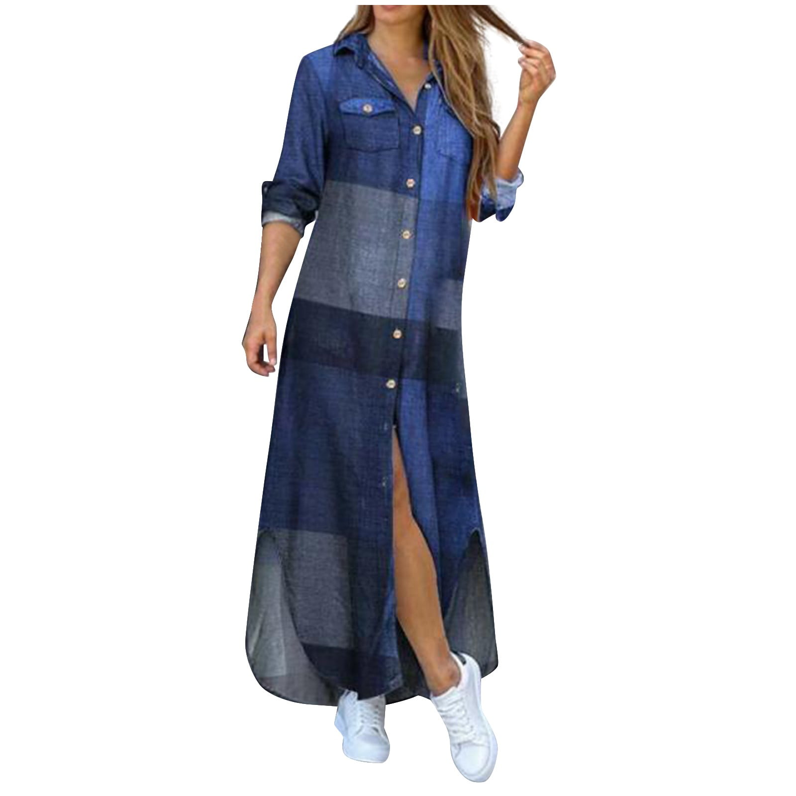 LISTHA Henley V Neck Maxi Dresses Women Long Sleeve Cotton Linen Baggy Dress 