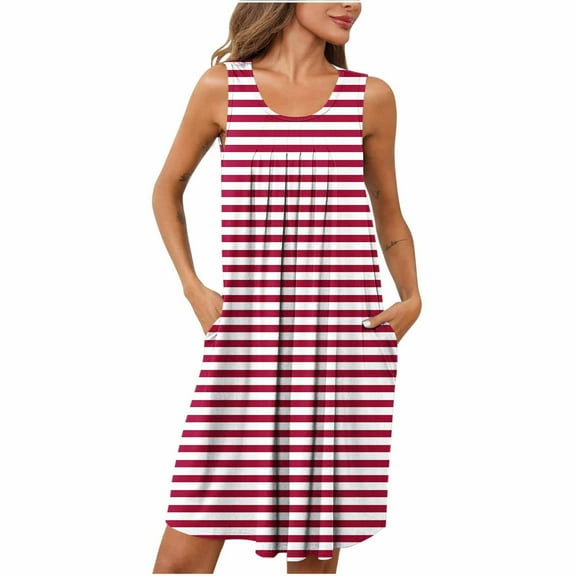 Oksale Striped Sleepwear for Women Trendy Pleated Midi Night Gown with Pockets Casual Sleeveless Pajama Dress Round Neck Loungewear 2025 Pink S