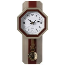 Wood-Look Pendulum Plastic Wall Clock, Farmhouse Decor for Living Room, Kitchen, or Dining Room, Silent Clock with Roman Numerals, Battery Powered, Large Decorative Wall Clock, Easy-to-Read, Beige