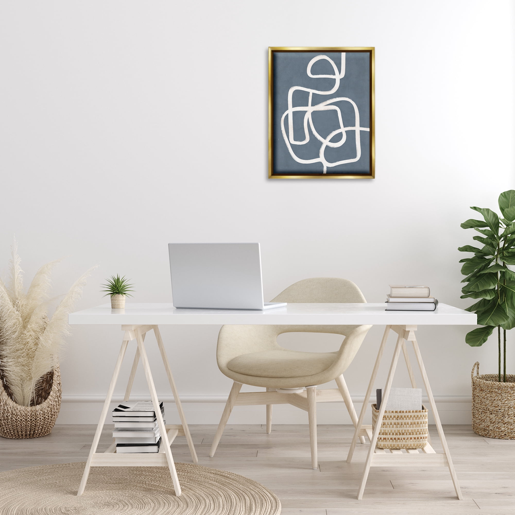 Stupell Industries Blue Freeflow Line Abstract Painting Gold Floater Framed Canvas Art Print Wall Art, 17 x 21