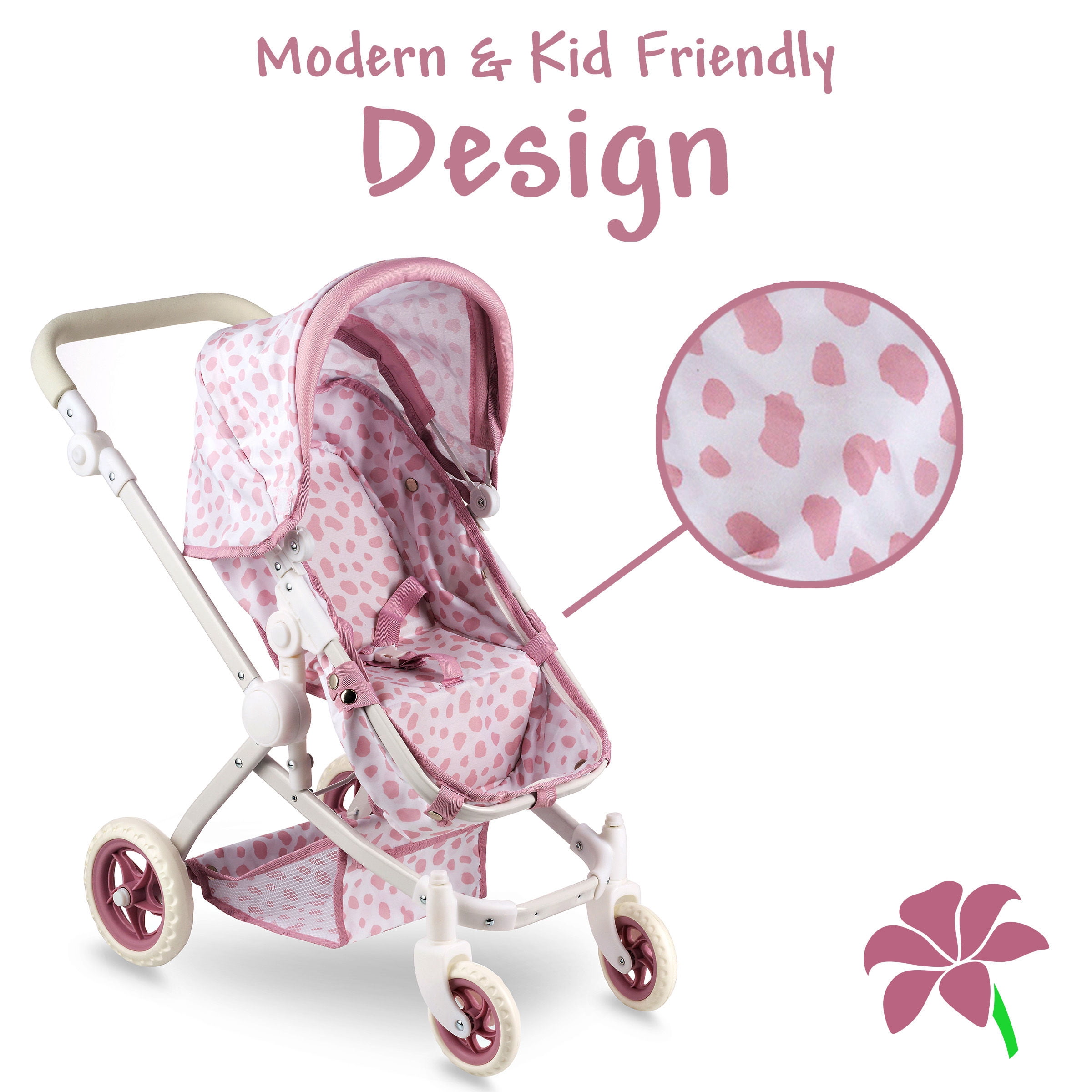 HUSHLILY - Convertible Baby Doll Stroller for Dolls - Bassinet Toy Buggy for Toddlers 3 Years and up, Adjustable Seat & Handle with Storage Basket, Pink Polka Dot Design for Kids