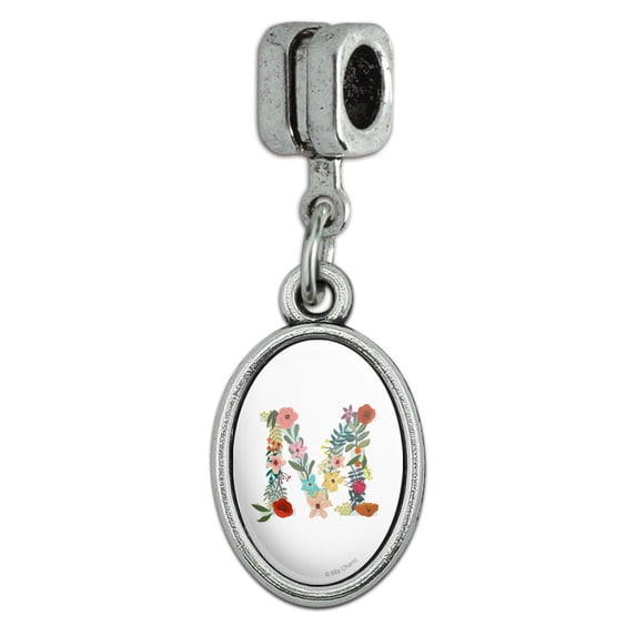 Letter M Floral Monogram Initial Italian European Style Bracelet Oval Charm Bead