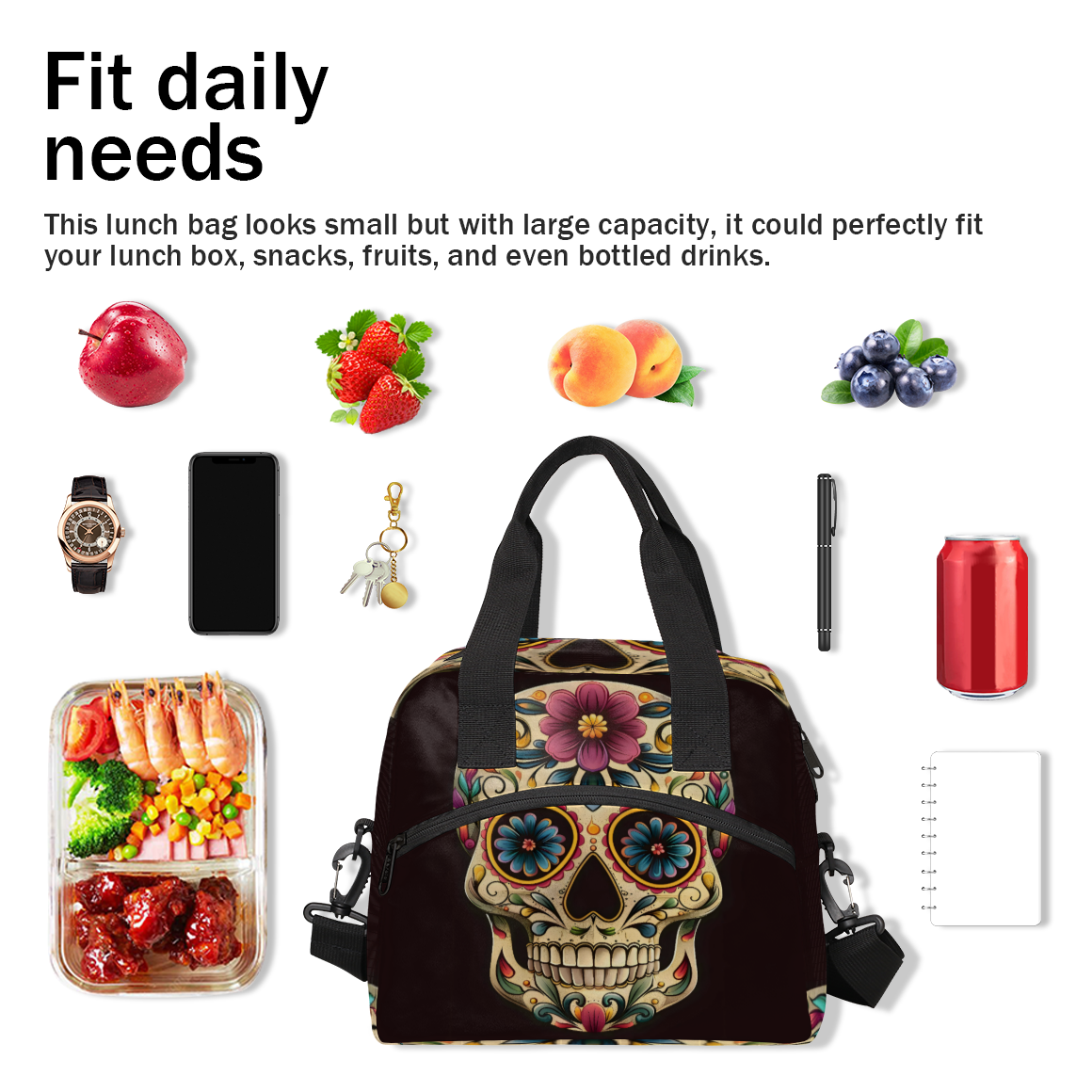 Herdesigns Day The Dead Skull Halloween Insulated Lunch Bag for Women Men Adults Large Reusable Lunch Box Leakproof Portable Cooler Tote Bags with Adjustable Shoulder Strap