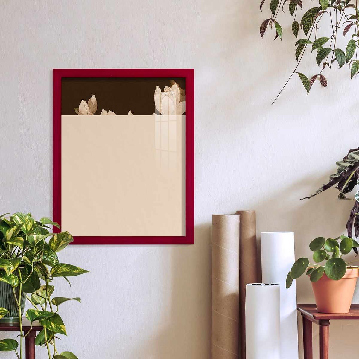 Asian Brocade II - Framed Print w/glass - Cherry Red