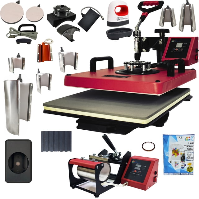 Combo 17 En 1 EV Technologies plancha sublimacion color roja y 150 articulos