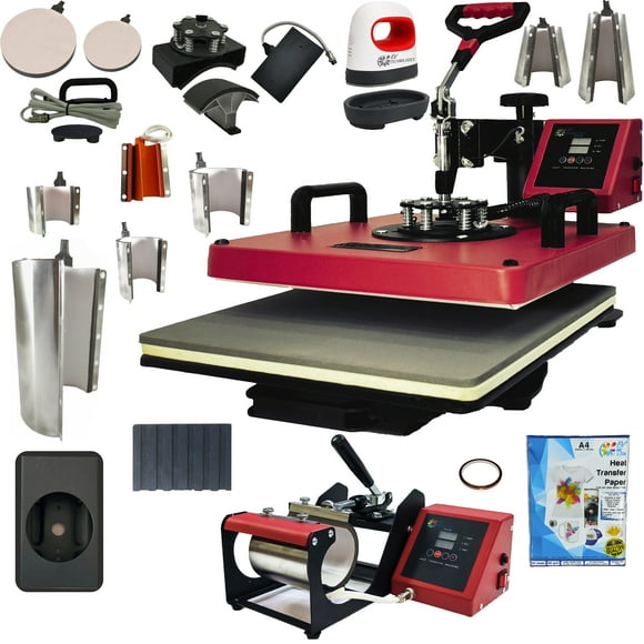 Combo 17 En 1 EV Technologies plancha sublimacion color roja y 150 articulos