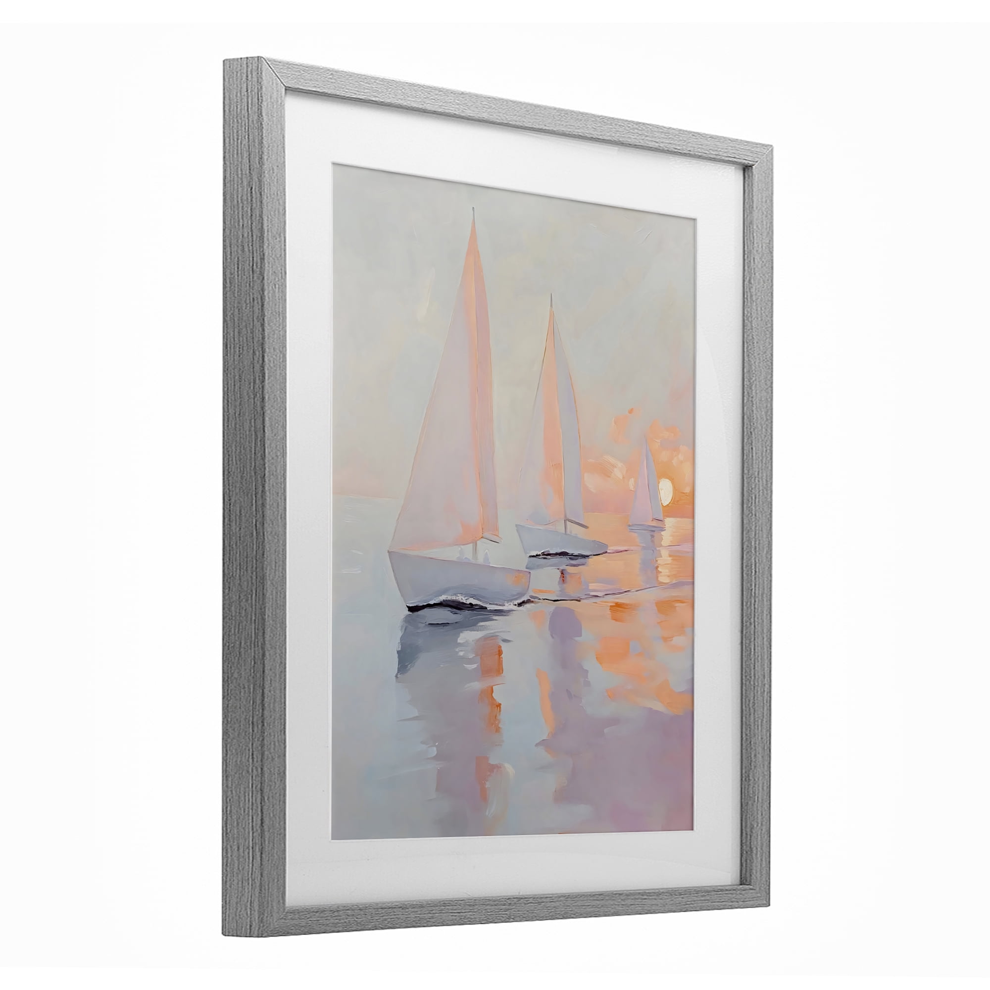 Stupell Industries Peach Sunset Sailboats on Sea Gray Framed Print Under Glass, design by Creative Studio