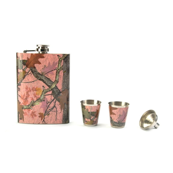 Rivers Edge Products Hip Flasks for Liquor for Women, 7 Ounce Stainless Steel Liquor Flask with Screw-On Cap, Funnel, and 2 Shot Glasses, Gift Idea for Men Women, Flask and Shot Set, Pink Camo