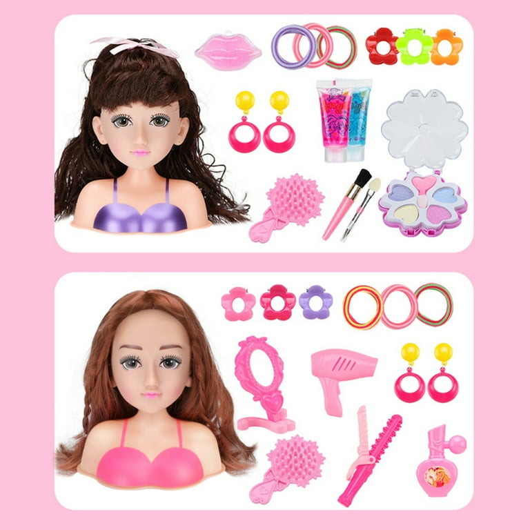 EUBUY 39pcs Doll Makeup Toys Simulation Human Model Head Girl Makeup Hairdressing Combing Hair Practice Model Toys Type E