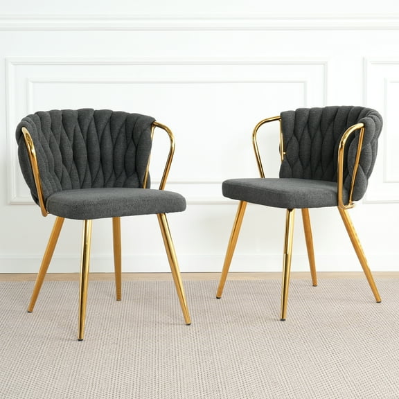 Modern Simple Dark Grey Linen Dining Chair (Set of 2) with Gold-Plated Metal Legs