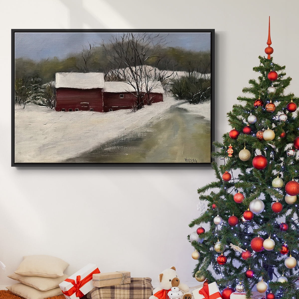 Winter Homestead II - Framed Gallery Wrapped Holiday Canvas - 27 x 41 - Black Frame