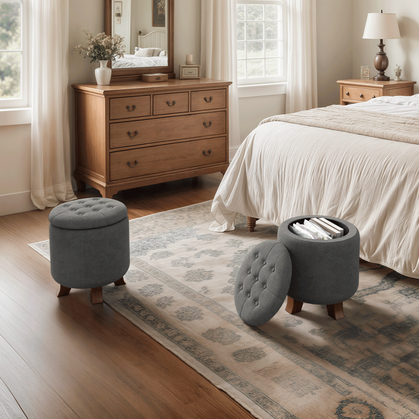 Magshion Storage Ottoman with Padded Seat, Modern Cotton-linen Footrest, Round Seat stool for Living Room Bedroom , Dark Gray