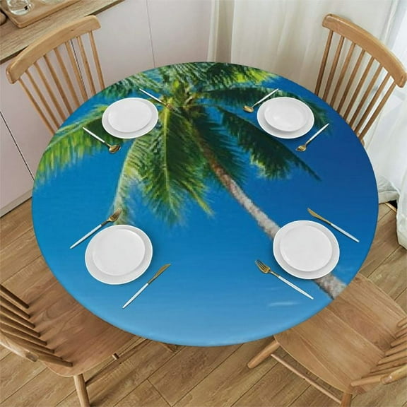 Beach Pattern Round Fitted Tablecloth,Elastic Edge,Waterproof Wipeable Round Table Cover for Indoor Outdoor Patio Use