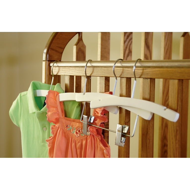 White Rounded Wooden Baby Hanger, Box of 25 10 Inch Wood Top Hangers w/  Chrome Swivel Hook for Infant Clothes or Onesie by International Hanger