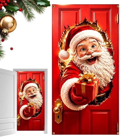 3D Visual Santa Claus Breaking Through The Door Curtain,71 X 35 Inch Christmas Door Covers,Santa Claus Breaking Through Red Wooden Door Cover, For Wall, Party Backdrop