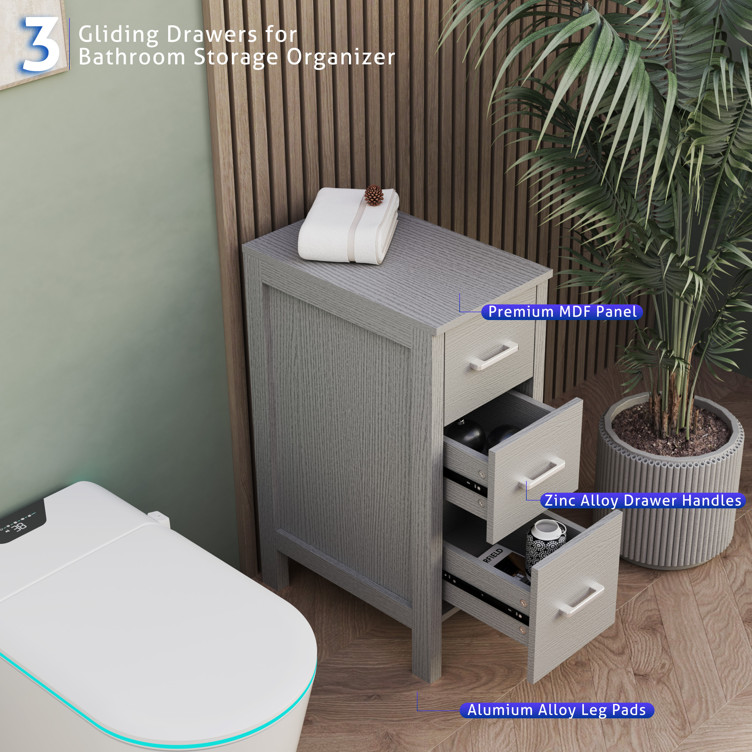 Eclife 12" Freestanding Bathroom Side Cabinet with 3 Drawers, Gray