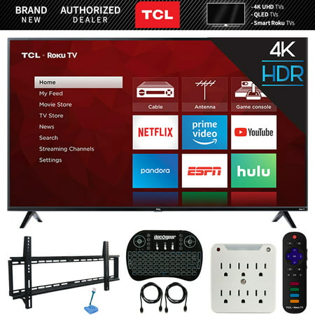 TCL 65S425 65-inch 4-series 4K Ultra HD Roku Smart TV (2019 Model) Bundle with 37-70-inch Low Profile Wall Mount Kit, Deco Gear Wireless Keyboard and 6-Outlet Surge Adapter with Night