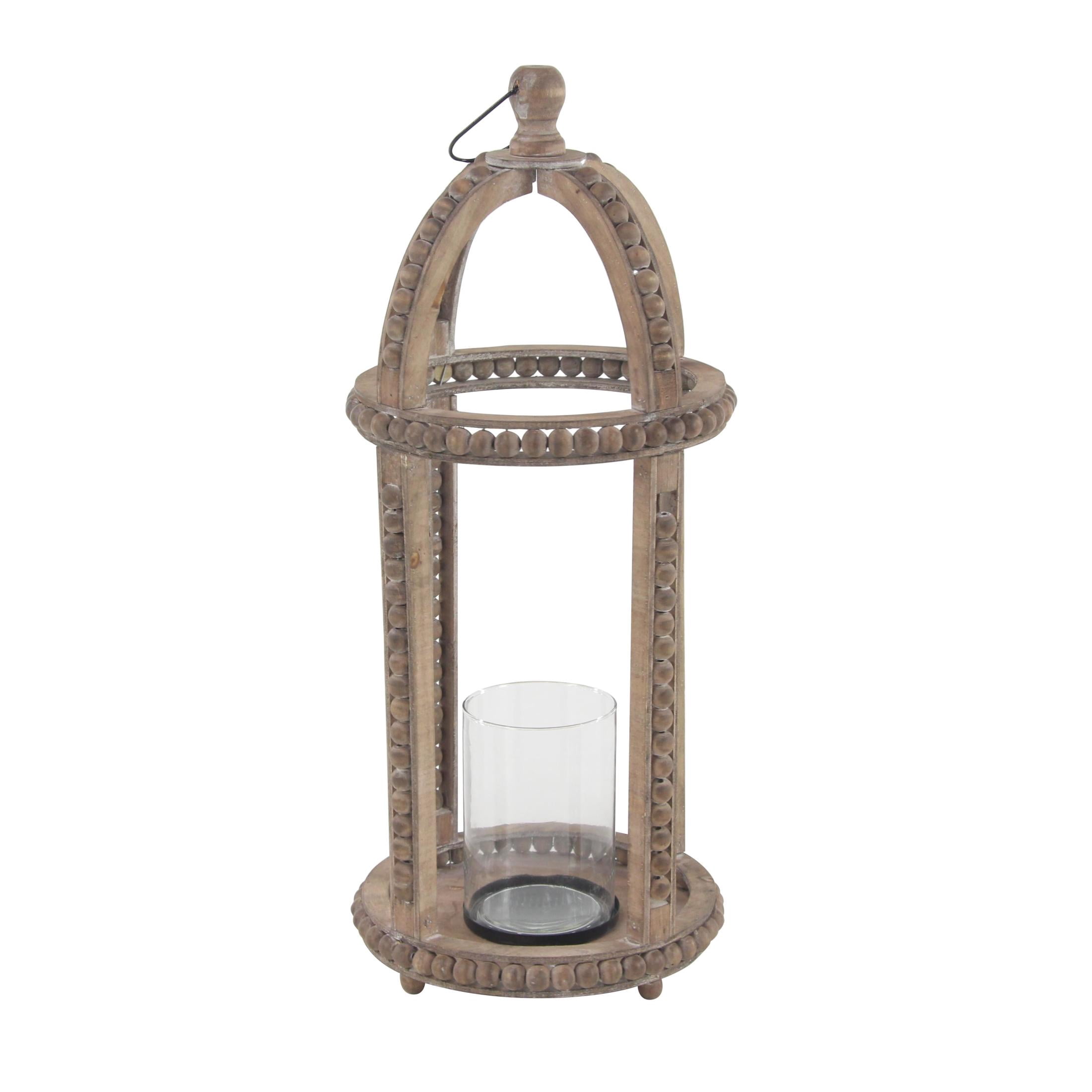 DecMode Brown Reclaimed Wood Beaded Decorative Candle Lantern