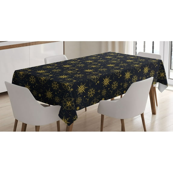 Compass Tablecloth, Bicolour Design of Windroses Stars and Dashed Lines Shapes, Rectangle Satin Table Cover Accent for Dining Room and Kitchen, 60" X 84", Night Blue Yellow, by Ambesonne